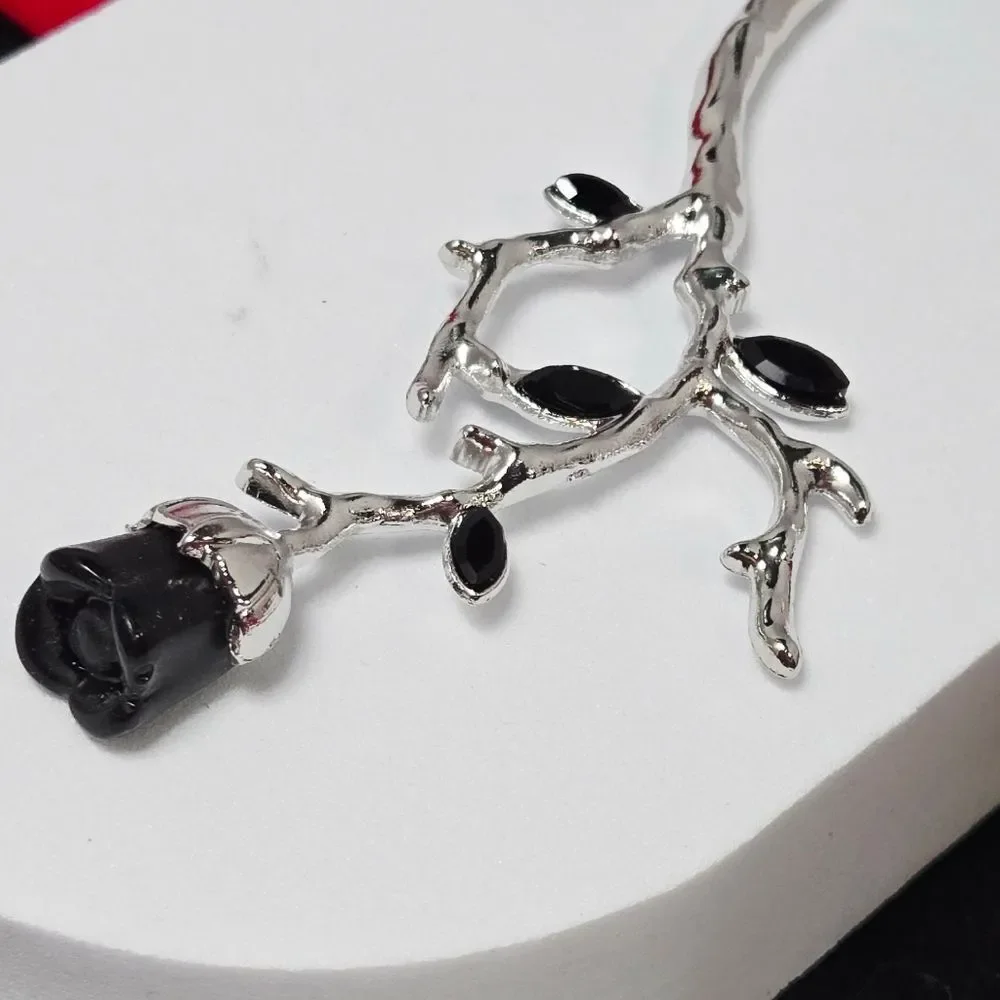 Gothic Black Rose Gunmetal Hair Pin Rhinestone Thorns Dark Romance Long Stick